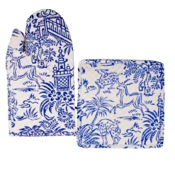 Pagoda Toile Blue & White Oven Mitts And Pot Holders Set - 1 Piece Of Each