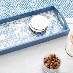 Pagoda Toile Lacquer Bar Tray in Blue - 1 Each