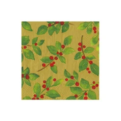 Painted Holly Gold Recycled Cocktail Napkins - includes 20 Cocktail Napkins