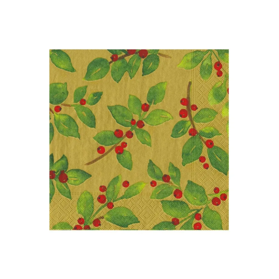Painted Holly Gold Recycled Cocktail Napkins - includes 20 Cocktail Napkins