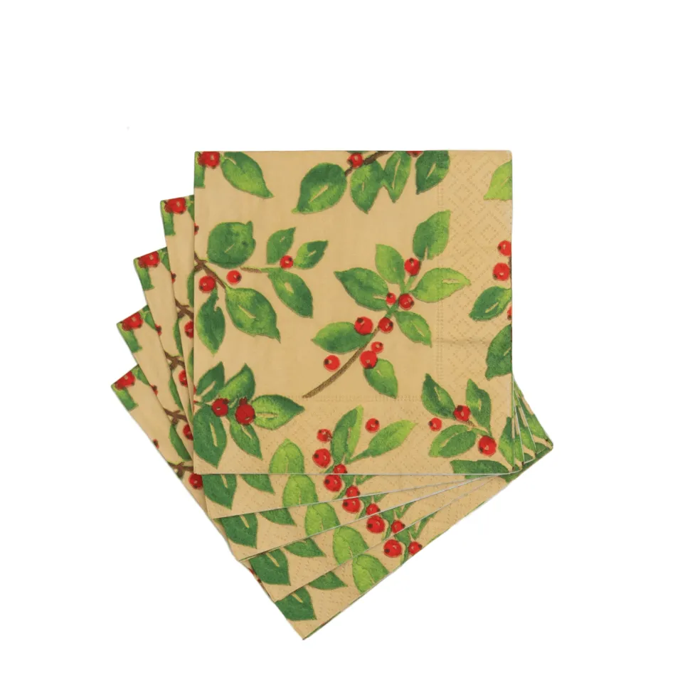 Painted Holly Gold Recycled Cocktail Napkins - includes 20 Cocktail Napkins