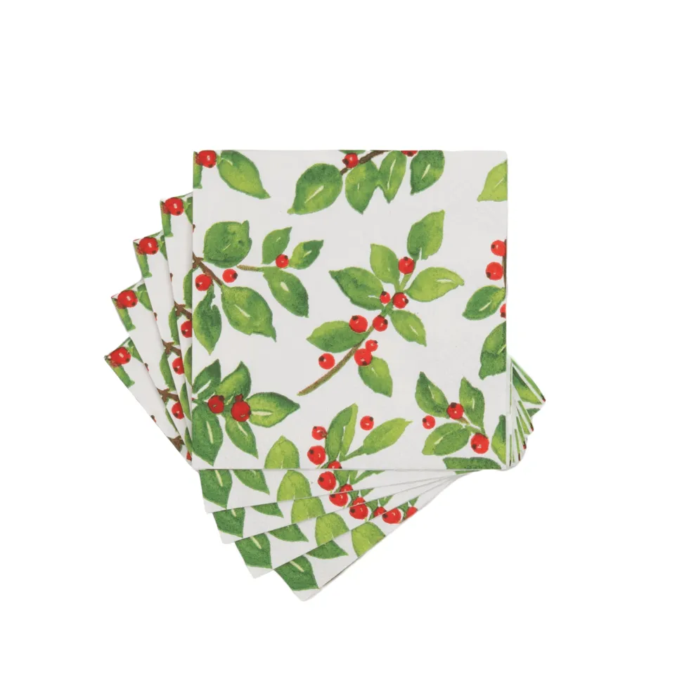 Painted Holly White Recycled Cocktail Napkins - includes 20 Cocktail Napkins