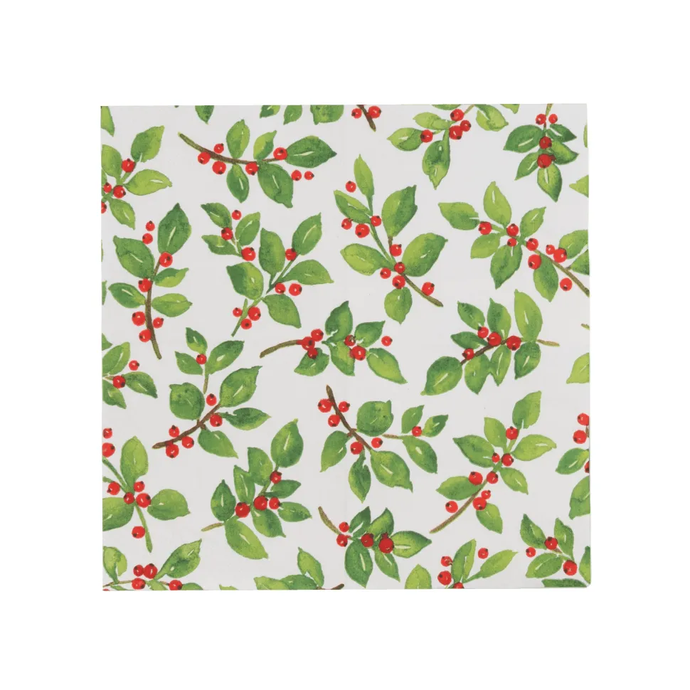 Painted Holly White Recycled Cocktail Napkins - includes 20 Cocktail Napkins