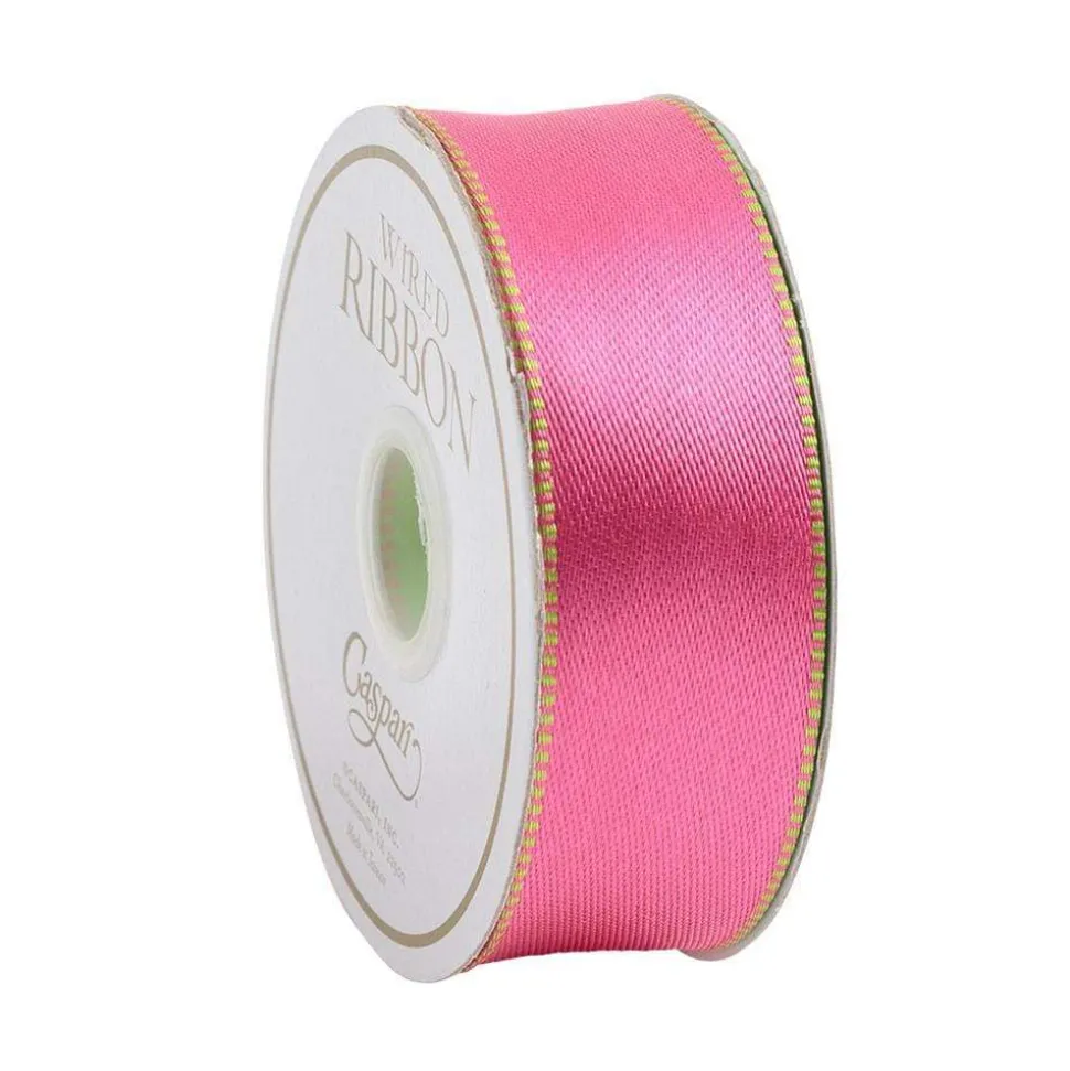 Pink & Green Reversible Satin Wired Ribbon - 10 Yard Spool