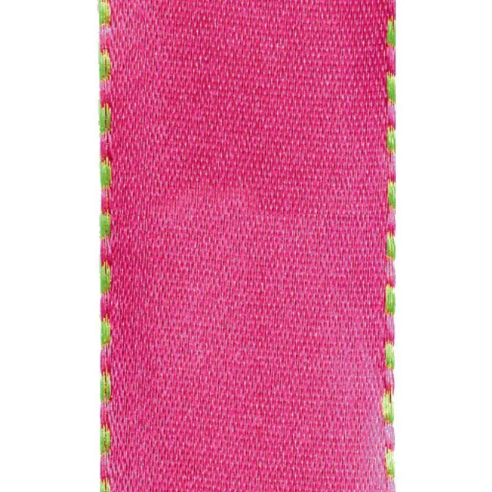 Pink & Green Reversible Satin Wired Ribbon - 10 Yard Spool