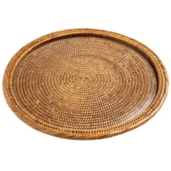 Rattan & Glass Round Serving Platter in Dark Natural - 1 Each
