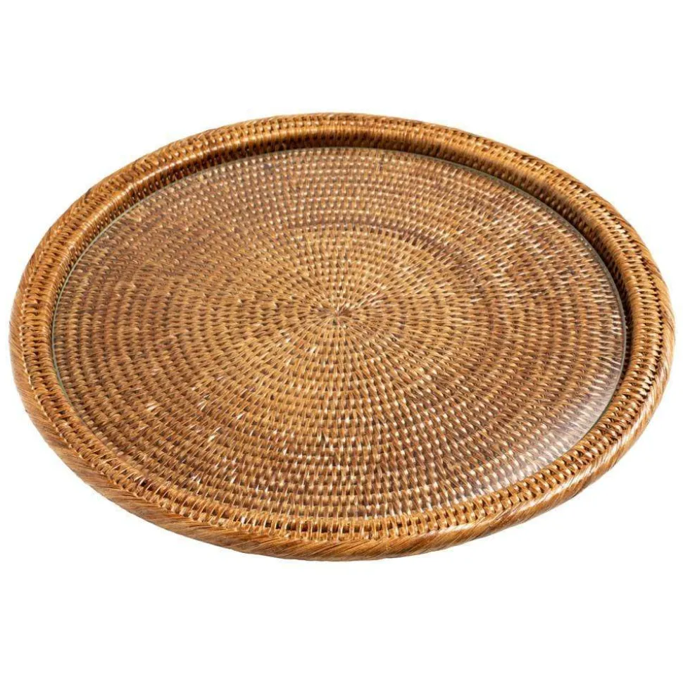 Rattan & Glass Round Serving Platter in Dark Natural - 1 Each