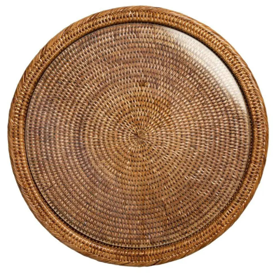Rattan & Glass Round Serving Platter in Dark Natural - 1 Each