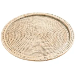 Rattan & Glass Round Serving Platter in White Natural - 1 Each
