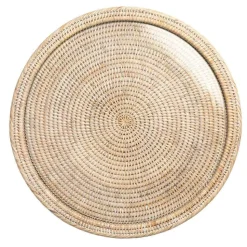 Rattan & Glass Round Serving Platter in White Natural - 1 Each