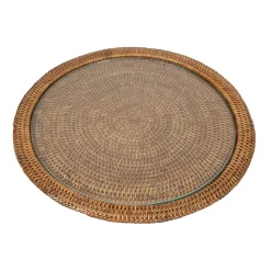 Rattan Round Cheese Tray with Glass insert in Natural - 17" Dia. x 1"H