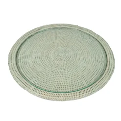 Rattan Round Cheese Tray with Glass insert in Green - 17" Dia. x 1"H
