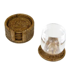 Rattan Round Coaster and Holder Set in Natural - Set of 6 Coasters and 1 Napkin Holder