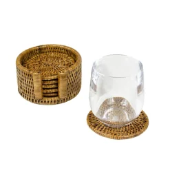 Rattan Round Coaster and Holder Set in Natural - Set of 6 Coasters and 1 Napkin Holder