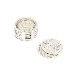 Rattan Round Coaster and Holder Set in Cream - Set of 6 Coasters and 1 Napkin Holder