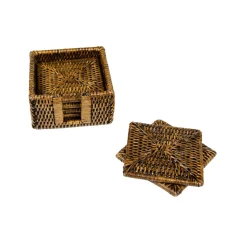 Rattan Square Coaster and Holder Set in Natural - Set of 6 Coasters and 1 Napkin Holder
