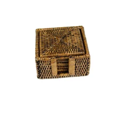 Rattan Square Coaster and Holder Set in Natural - Set of 6 Coasters and 1 Napkin Holder