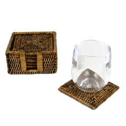 Rattan Square Coaster and Holder Set in Natural - Set of 6 Coasters and 1 Napkin Holder