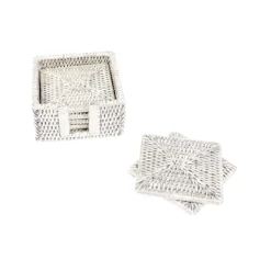Rattan Square Coaster and Holder Set in Cream - Set of 6 Coasters and 1 Napkin Holder