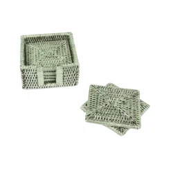 Rattan Square Coaster and Holder Set in Green - Set of 6 Coasters and 1 Napkin Holder
