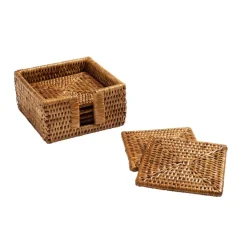 Rattan Square Coasters & Holder in Dark Natural - Set of 6