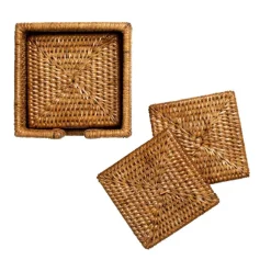 Rattan Square Coasters & Holder in Dark Natural - Set of 6