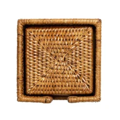 Rattan Square Coasters & Holder in Dark Natural - Set of 6