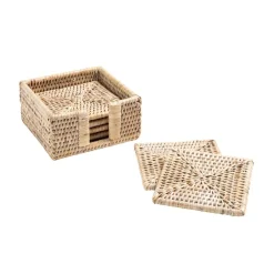 Rattan Square Coasters & Holder in White Natural - Set of 6