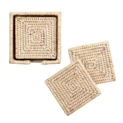 Rattan Square Coasters & Holder in White Natural - Set of 6