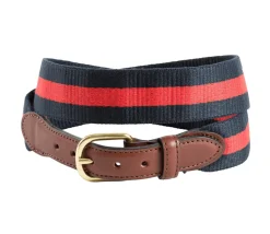 Red on Navy Wide Belgian Surcingle Leather Tab Belt