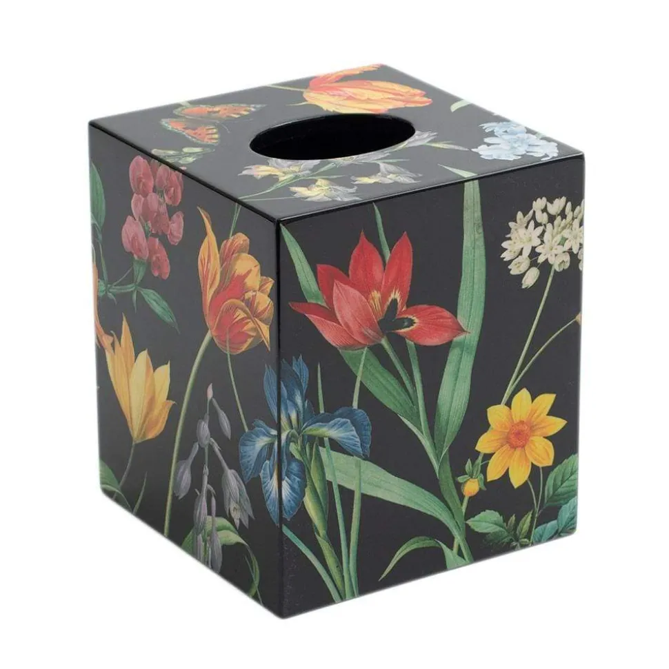 Redouté Floral Lacquer Tissue Box Cover in Black - 1 Each