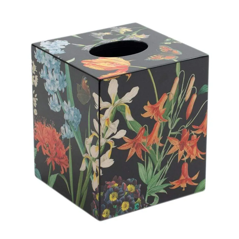 Redouté Floral Lacquer Tissue Box Cover in Black - 1 Each