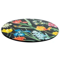 Redouté Floral Round Lacquer Placemat in Black - 1 Each