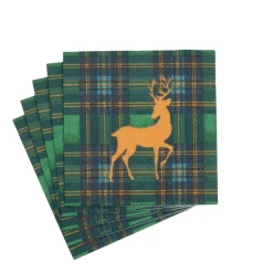 Reindeer Tartan Green Cocktail Napkins - includes 20 Cocktail Napkins