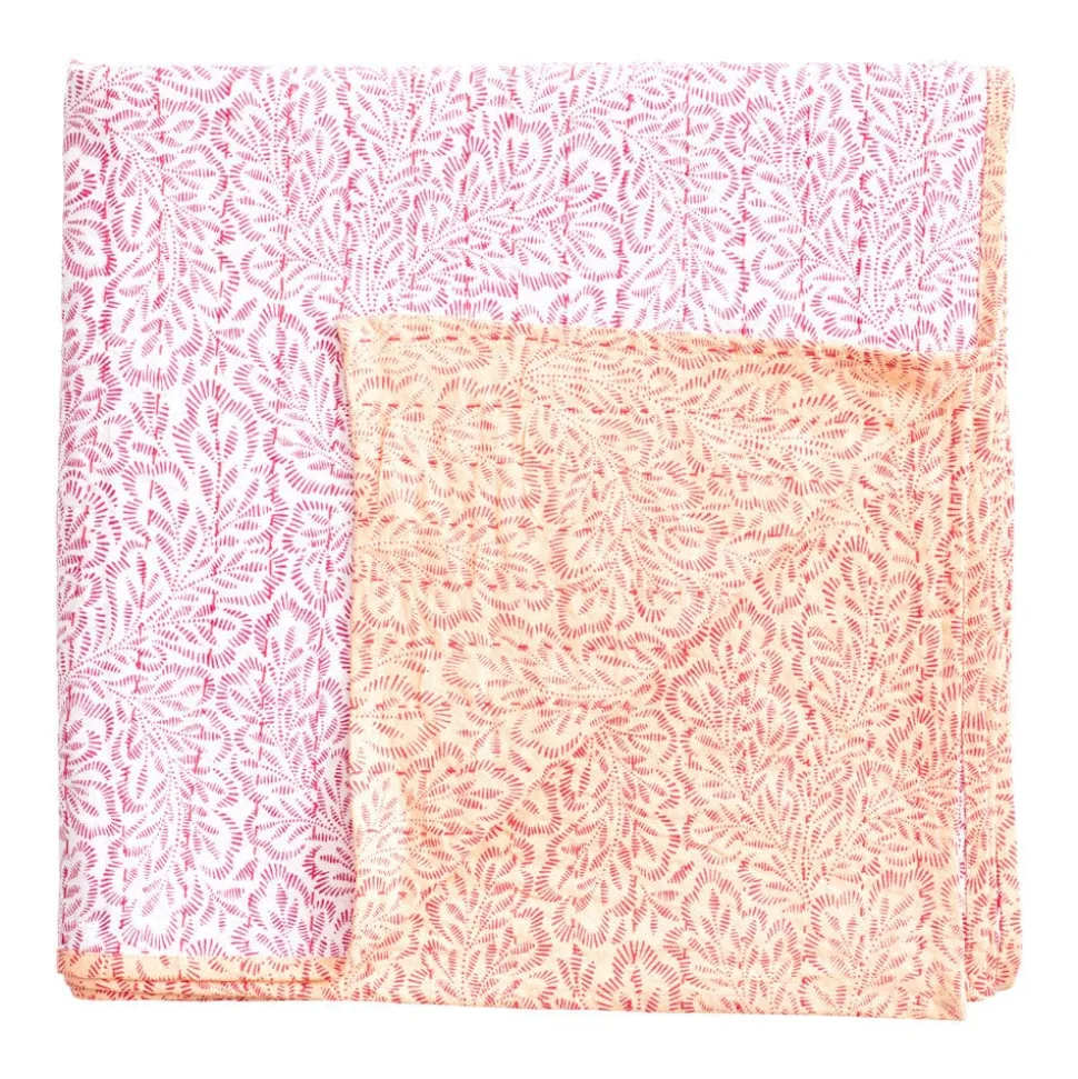 Reversible Kantha Table Cover in Fuchsia Block Print Leaves - 1 Each