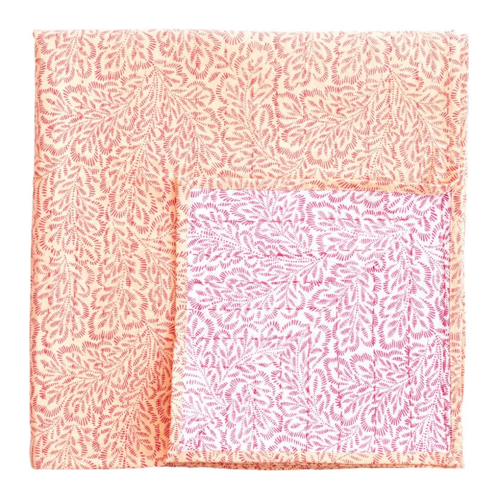 Reversible Kantha Table Cover in Fuchsia Block Print Leaves - 1 Each