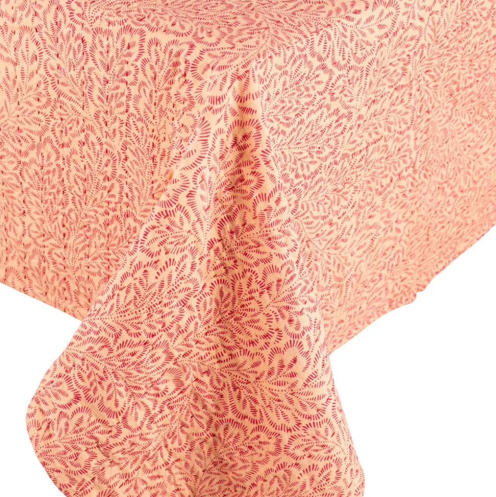 Reversible Kantha Table Cover in Fuchsia Block Print Leaves - 1 Each