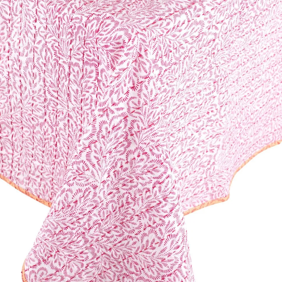 Reversible Kantha Table Cover in Fuchsia Block Print Leaves - 1 Each