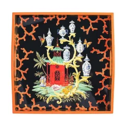 Rococo Fantasy Lacquer Square Tray in Black - 1 Each