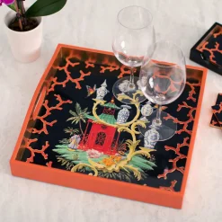 Rococo Fantasy Lacquer Square Tray in Black - 1 Each