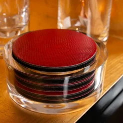 Round Snakeskin Felt-Backed Coasters & Holder Gift Set in Crimson