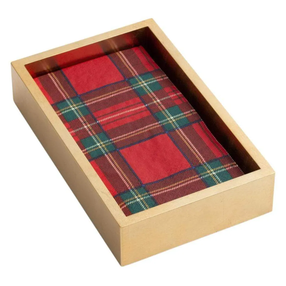 Royal Plaid Guest Towel Napkins & Gold Lacquer Holder Gift Set