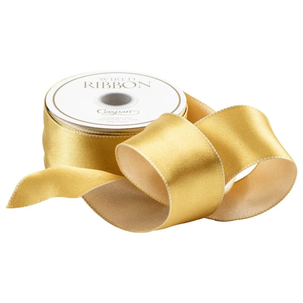 Satin Ivory & Gold Reversible Wired Ribbon - 6 Yard Spool