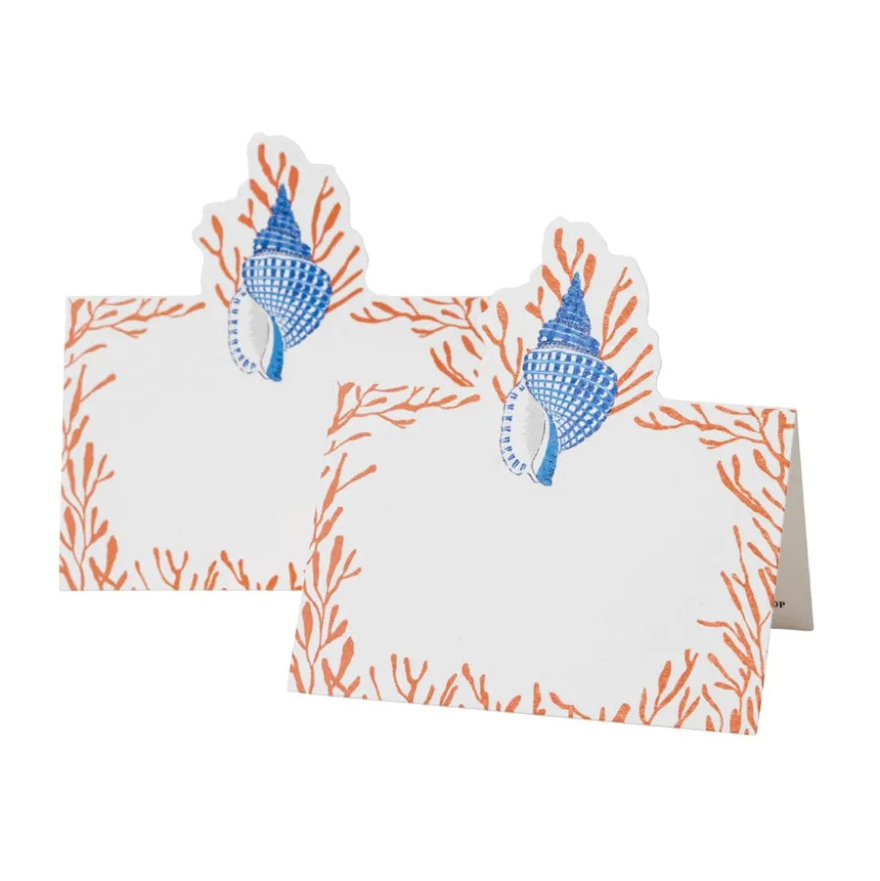 Shell Toile Place Cards in Coral & Blue- 8 Per Package