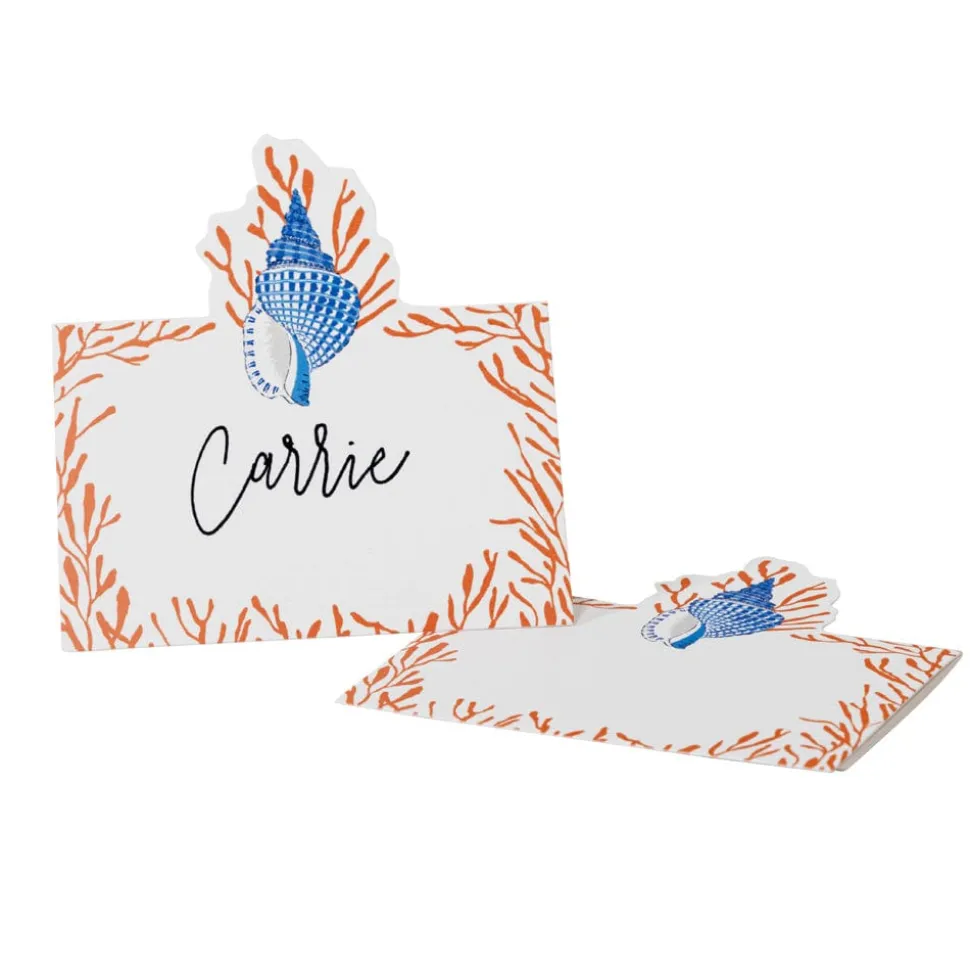 Shell Toile Place Cards in Coral & Blue- 8 Per Package
