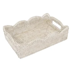 Small Scalloped Rattan Tray in Cream - 11.75"L x 7.75"W x 3.5"H
