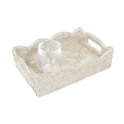 Small Scalloped Rattan Tray in Cream - 11.75