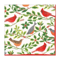 Songbirds and Holly Paper Luncheon Napkins in White - 20 Per Package