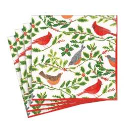 Songbirds and Holly Paper Luncheon Napkins in White - 20 Per Package