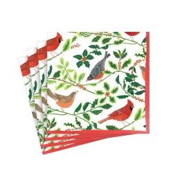 Songbirds and Holly Paper Cocktail Napkins in White - 20 Per Package